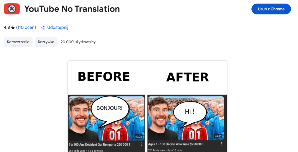 Jak wyłączyć tłumaczenie tytułów na YouTube wtyczka 1