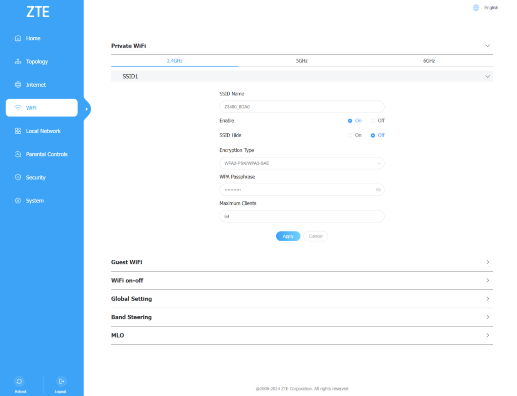 ZTE Z3460 ustawienia w przegladarce